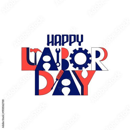 Vector illustration of Labor Day banner typography with decorative tool icons
