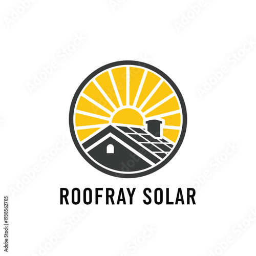Sun rays and house roof logo for renewable energy and solar panel services Roofray Solar