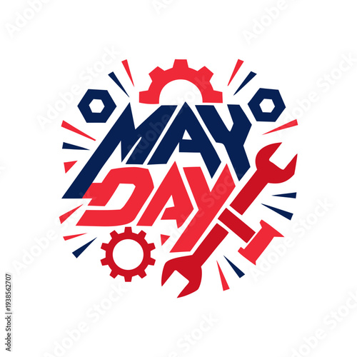 May Day Typography Design Decorated with Industrial Symbols