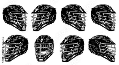 Collection of Black Lacrosse Helmets Displayed from Multiple Angles.