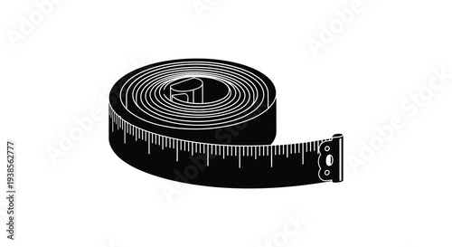 A coiled measuring tape with detailed markings and a metallic clasp is presented as a dark silhouette high quality