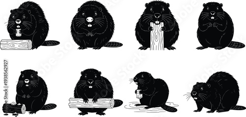 Cartoon beaver illustrations, black and white, chewing wood, holding log, sitting, standing, expressive posture, animal design, vector art