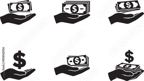 Hand holding dollar money icon set for finance, payment, investment, banking and business design use.