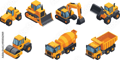 Isometric kids 3D yellow heavy construction machinery pixelized vecter collection featuring excavator bulldozer dump truck and cement mixer vector illustration set