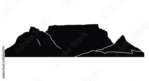 A striking black silhouette depicts a mountainous landscape with jagged peaks and a flat plateau silhouette high quality professional