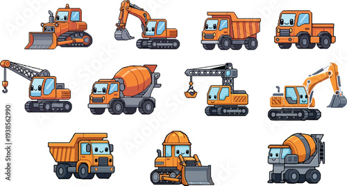 Cute cartoon heavy construction vehicle vector icon set with funny faces including an excavator, dump truck, and bulldozer