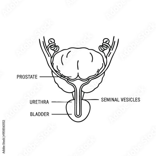 Detailed anatomical diagram of male reproductive system showing prostate, urethra, bladder, seminal vesicles anatomy