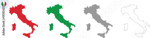 Italy Map Vector Illustration 4 Style Set with Red, Green, Black, Grey and Outline Country Silhouette Shapes Isolated on Transparent Background, Hand Made Geography Design of Italian Territory, AI EPS