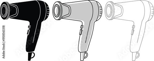 Hair dryer vector illustration set, professional salon hairdryer icons collection, black and outline electric hair dryer design, beauty equipment isolated vector