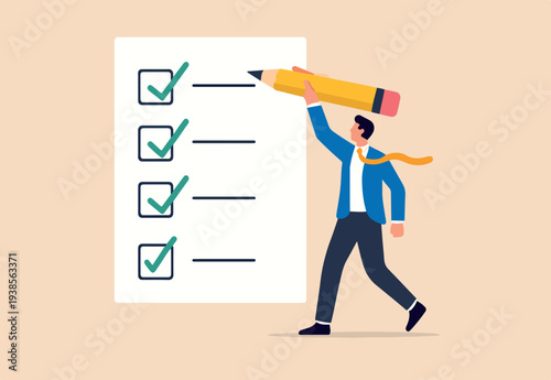  Getting things done, completed tasks or business accomplishment, finished checklist, achievement or project progression concept, businessman expert holding pencil tick all completed task checkbox.