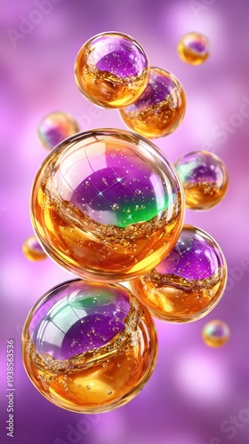 Transparent spheres float in a gentle purple space. Each sphere holds shimmering golden liquid at its base and a vibrant purple-green mixture above