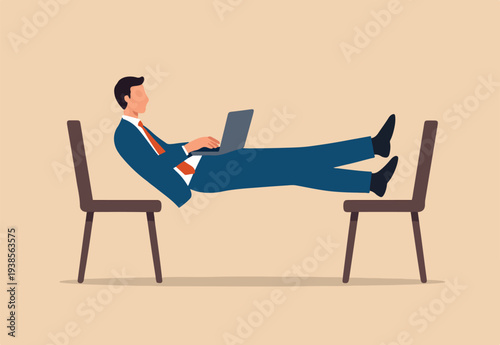 Flexible work, let employee manage their working time to finish project concept, smart relax businessman working with laptop computer stretching his leg between chairs balance like yoga..