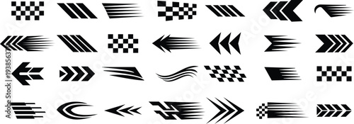 Speed motion icon set with racing arrows, fast movement streaks and checkered flag elements, dynamic velocity symbols in solid and outline style vector isolated on transparent background