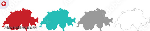 Switzerland Map Vector Illustration 4 Variation Set with Red, Turquoise, Gray and Outline Country Silhouette Shapes Isolated on Transparent Background, Hand Made Geography Design, AI EPS10 JPG PNG.