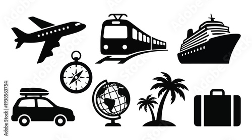 Travel and Transportation Vector Icons: Plane, Train, Car, Ship, Globe, Suitcase