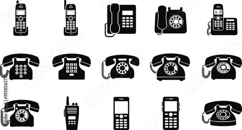 Vintage telephone icons collection, retro communication devices illustration, classic rotary phones and early mobile phones set, black silhouette technology symbols isolated