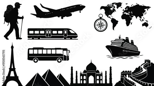 Global travel and tourism icons set with famous landmarks and transport