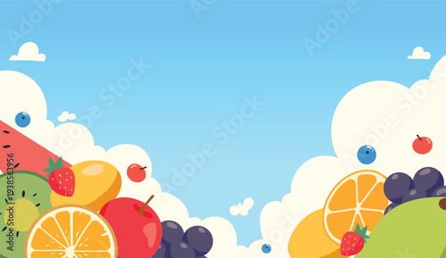 Fresh Summer Fruit Background with Watermelon Orange Kiwi and Pineapple Border