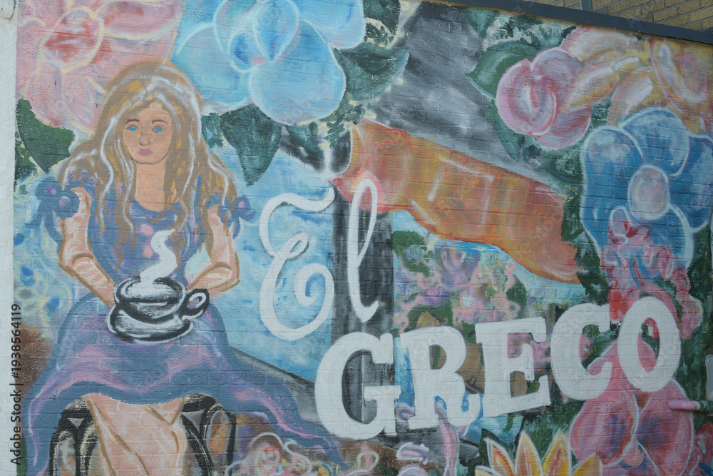 Obraz premium mural on exterior of El Greco, cafe, located at 160 Floyd Av, at Pape Av, East York, Toronto