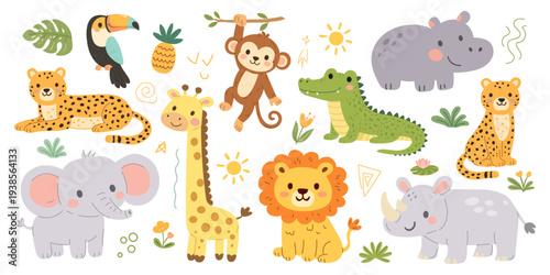 Vector illustration set of cartoon safari animals characters, doodle elements, flowers and plants. Cute bundle for creating kids prints, patterns, cards and any children designs