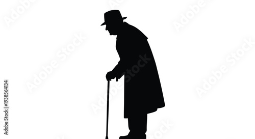 Silhouette of an elderly man with a cane and overcoat walking