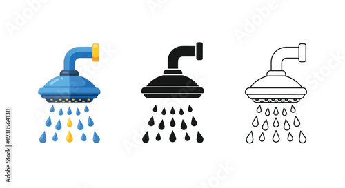 set of three vector graphic shower head illustrations in different designs and styles