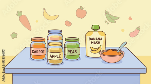 Illustration of various baby food purees and fresh ingredients on a table