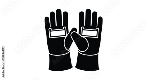 A pair of black gloves facing each other depicted in a simple icon