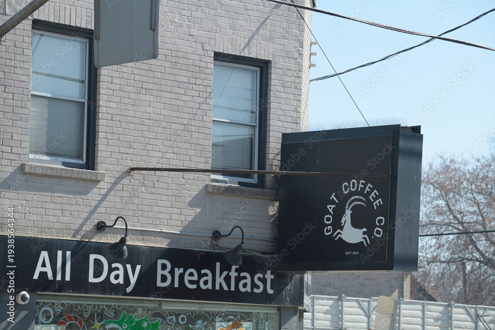 Obraz premium exterior building facade and sign of Goat Coffee Co located at 893 Pape Av, East York, Toronto