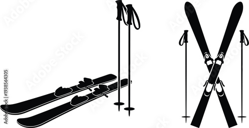 Ski Equipment Set with Skis Poles and Crossed Skis Silhouette Vector Icon for Winter Sports and Skiing Activity