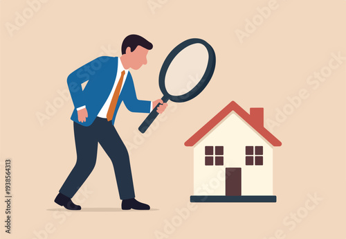  House inspection, home, property and real estate price evaluation, mortgage and loan analysis, search for housing investment concept, curios businessman using magnifying glass to see house details