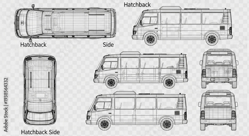 Bus Wireframe Vector Technical Drawing, Public Transport Top Side Back Views