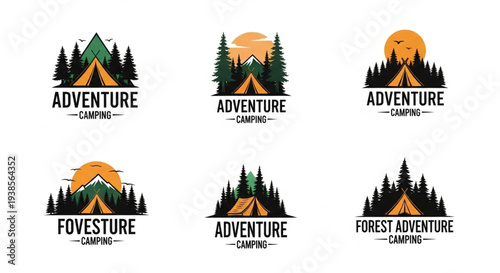 Collection of Adventure Camping Logos with Tents and Forests.