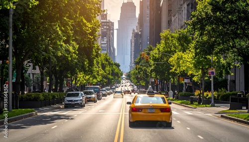 Urban boulevard with trees, cars, and high buildings under a sunny sky in perspective view