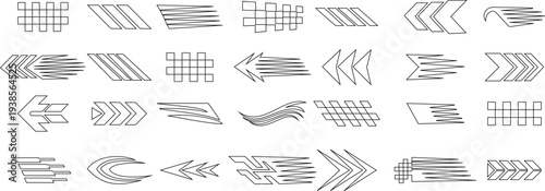 Speed motion icon set with racing arrows, fast movement streaks and checkered flag elements, dynamic velocity symbols in solid and outline style vector isolated on transparent background