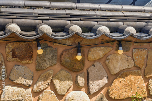 Korean style wall and roof, bukchon hanok villageTraditional Korean style architecture in Seoul South Korea.
