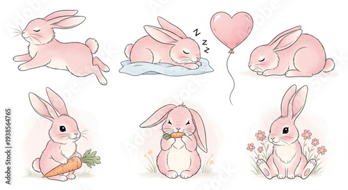 Cute Pink Bunnies in Various Adorable Poses.