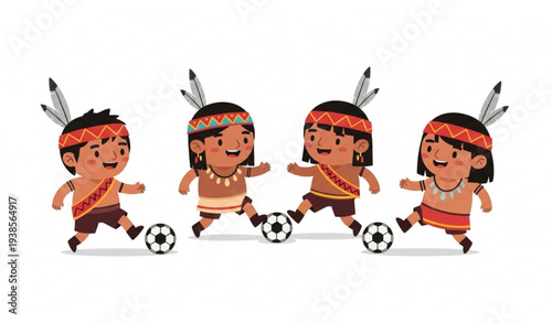 Cute cartoon indigenous Brazilian soccer players Pataxo tribe characters playing football vector set