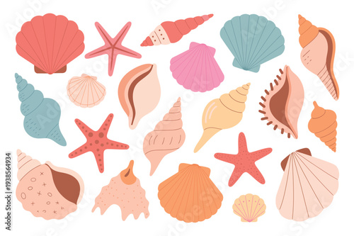 Assorted Seashells and Starfish Collection in Pastel Colors Flat Illustration Summer Beach Theme