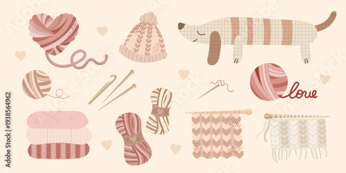 Cute knitting elements set with yarn balls, dachshund dog, needles, scarf and hat