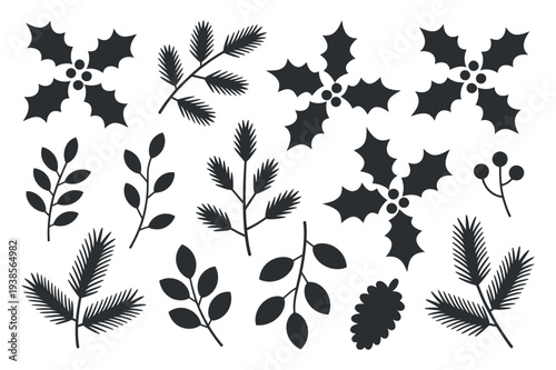 Christmas Botanical Elements Silhouette CollectionHolly Pine Berries Pinecone