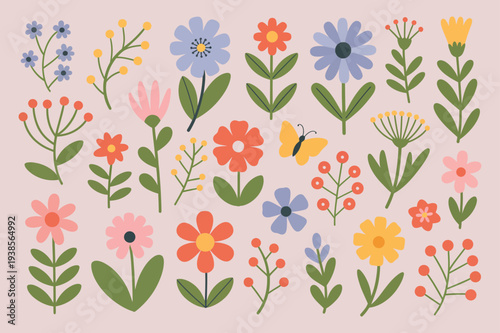 Collection of colorful flat flowers and butterfly elements on a plain background vector illustration
