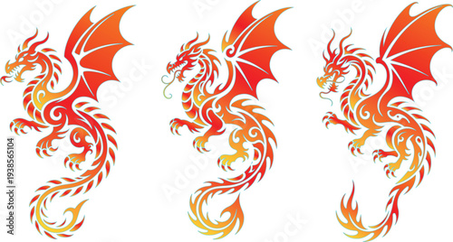 Tribal dragon tattoo element set featuring red and yellow fire flames in a vector illustration style with orange floral swirl patterns and decorative wing shapes for a logo design symbol