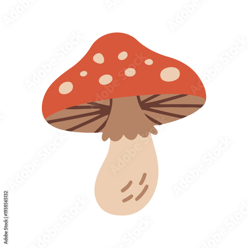 Red Mushroom with White Spots Isolated on White Background Flat Design Nature Element