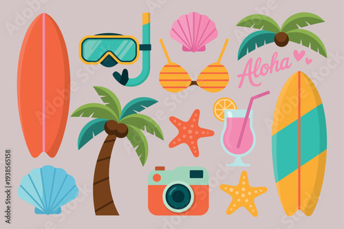 Summer Beach Vacation Elements: Surfboards Snorkel Palm Trees Starfish Camera Drink Aloha