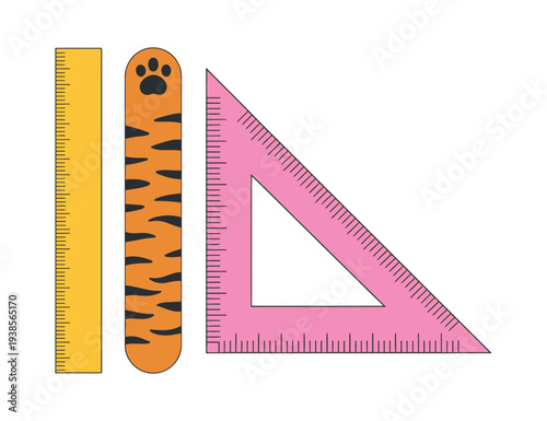 School Supplies: Rulers and Set Square with Tiger Paw Detail Isolated on White Background
