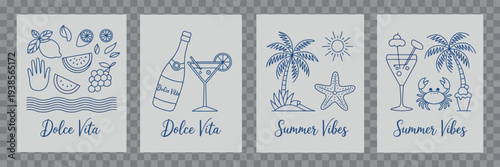 Summer Fruits Cocktail Beach Vibes With Palm Trees and Starfish Line Art