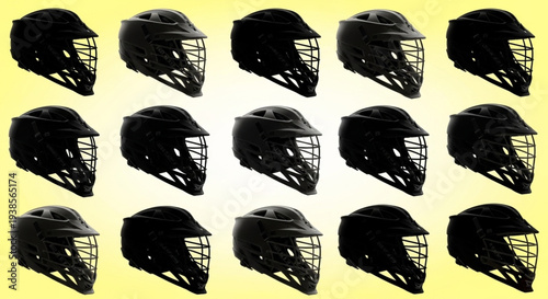 Collection of Black Hockey Goalie Masks Displayed in Rows.