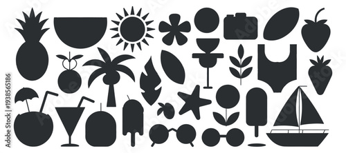 Summer Vacation Icons: Pineapple Cocktails Sun Palm Tree Sailboat Swimsuit Sunglasses