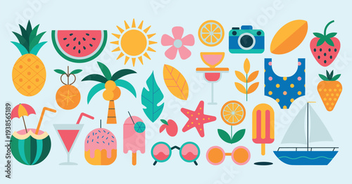 Summer Vacation Icons Collection: Tropical Fruits Beach Treats and Fun Activities